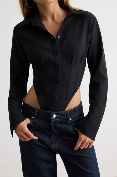 TRENDYOLMİLLA Women's Black Plain Long Fitted Shirts - Image 2