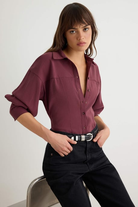 TRENDYOLMİLLA Dames Paars Effen Lang Slim fit Overhemden - Image 1
