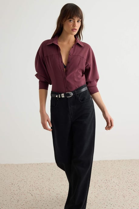 TRENDYOLMİLLA Dames Paars Effen Lang Slim fit Overhemden - Image 4