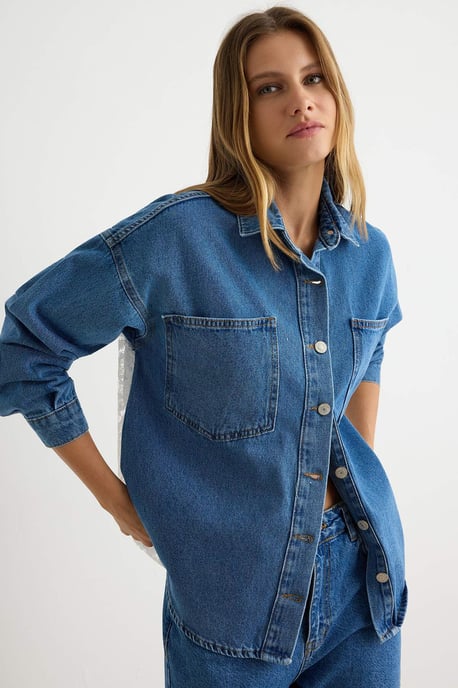 TRENDYOLMİLLA Dames Blauw Effen Lang, Oversized Overhemden - Image 2