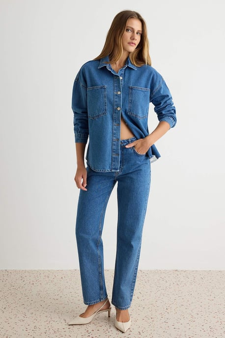 TRENDYOLMİLLA Dames Blauw Effen Lang, Oversized Overhemden - Image 6