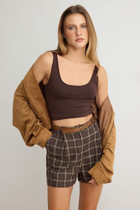 TRENDYOLMİLLA Women's Brown Plain Skort Normal waist Shorts & Bermudas - Image 4