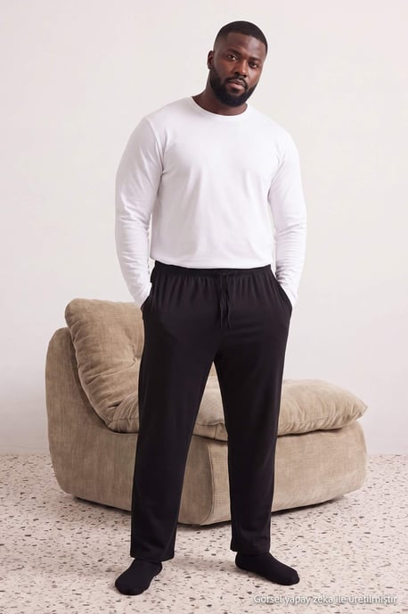 TRENDYOL MAN Men's Black Plain Normal waist Plus Size Pajama Bottoms - Image 2