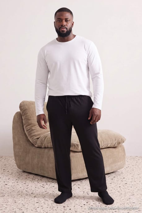 TRENDYOL MAN Men's Black Plain Normal waist Plus Size Pajama Bottoms - Image 3