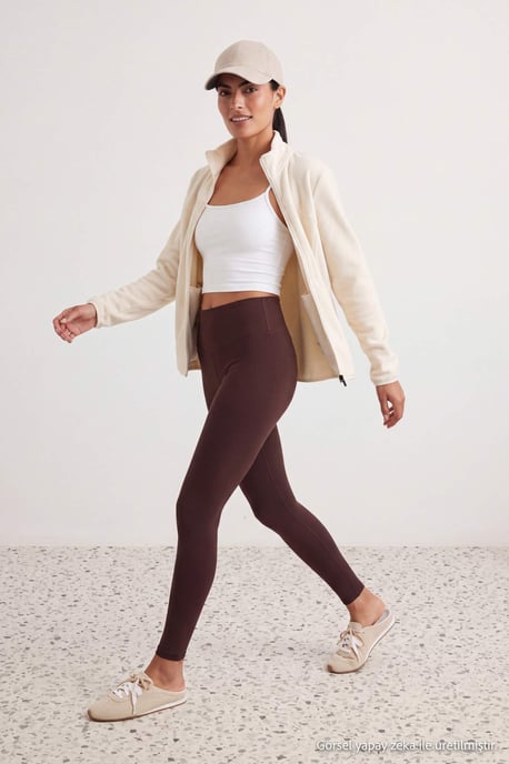 TRENDYOLMİLLA Women's Brown Plain High Waist Sports Leggings - Image 2