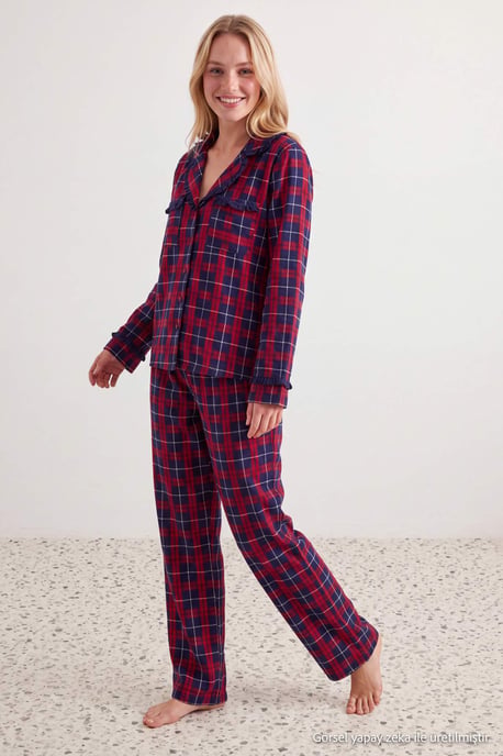 TRENDYOLMİLLA Dames Rood Geruit Lang, Regular fit Pyjama- Sets - Image 2
