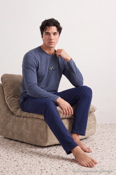 TRENDYOL MAN Men's Dark blue Slogan Long Regular fit Pajama Sets - Image 1
