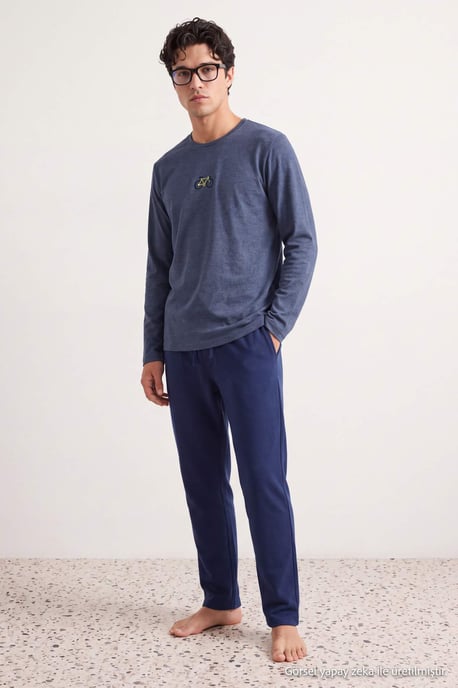 TRENDYOL MAN Men's Dark blue Slogan Long Regular fit Pajama Sets - Image 2