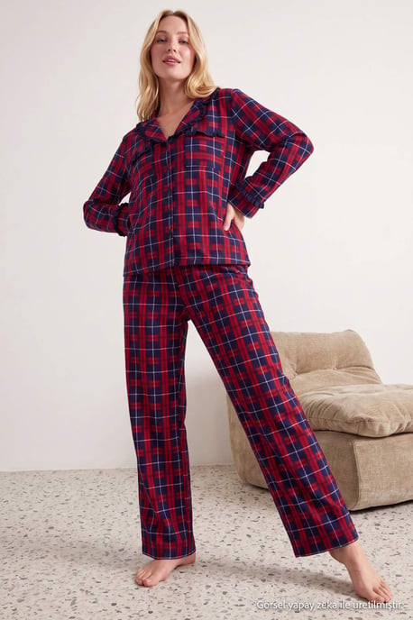 TRENDYOLMİLLA Dames Rood Geruit Lang, Regular fit Pyjama- Sets - Image 6