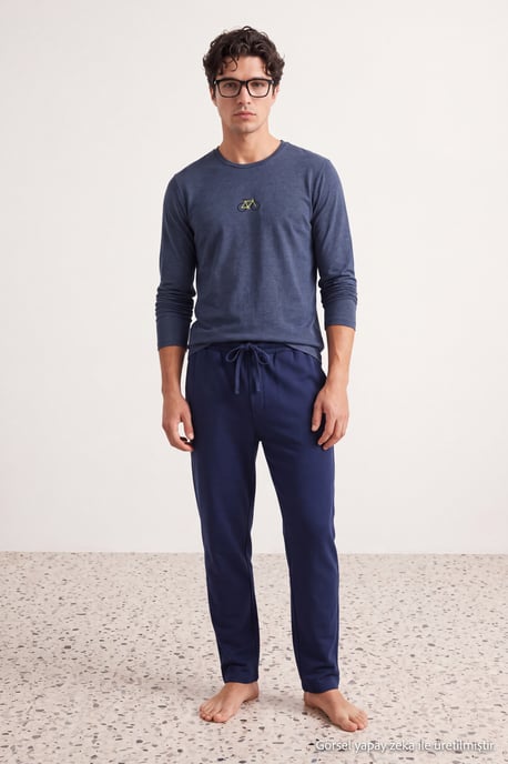 TRENDYOL MAN Men's Dark blue Slogan Long Regular fit Pajama Sets - Image 3