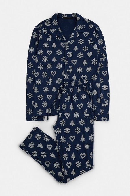 TRENDYOL MAN Men's Dark blue Christmas Long Regular fit Pajama Sets - Image 2