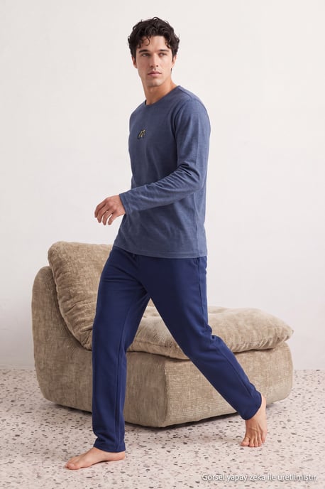 TRENDYOL MAN Men's Dark blue Slogan Long Regular fit Pajama Sets - Image 6