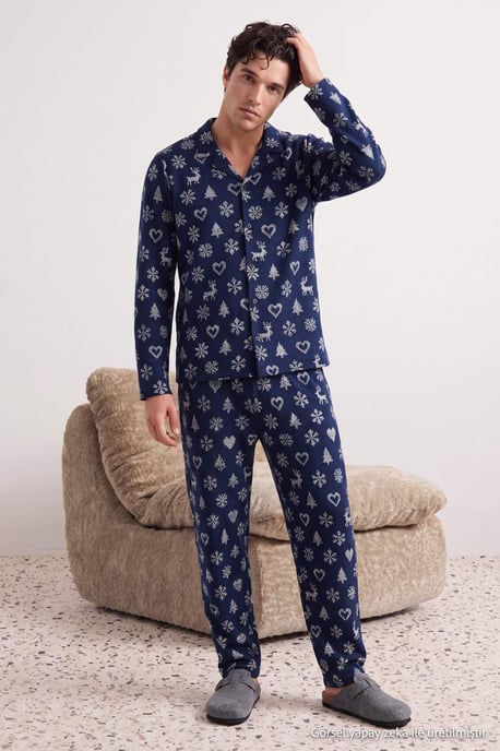 TRENDYOL MAN Men's Dark blue Christmas Long Regular fit Pajama Sets - Image 5