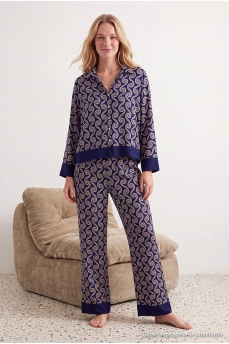 TRENDYOLMİLLA Dames Donkerblauw Geometrisch patroon Lang, Regular fit Pyjama- Sets - Image 6