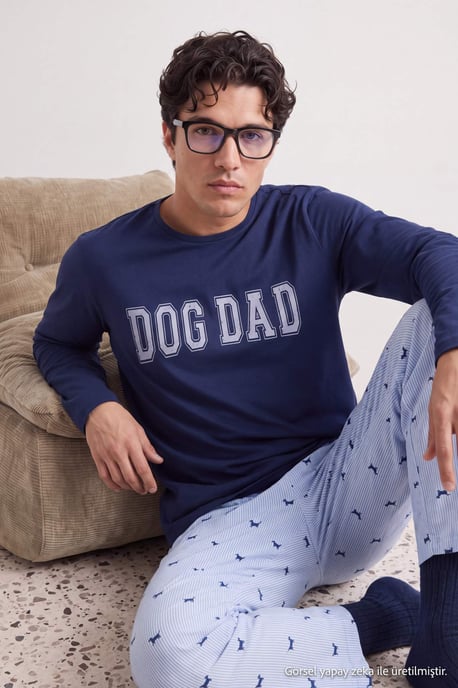 TRENDYOL MAN Herr Mörkblå Med slogan Lång, Regular fit Pyjamas- Set - Image 2