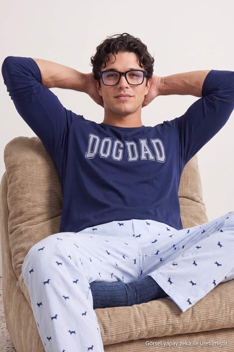 TRENDYOL MAN Herr Mörkblå Med slogan Lång, Regular fit Pyjamas- Set - Image 3