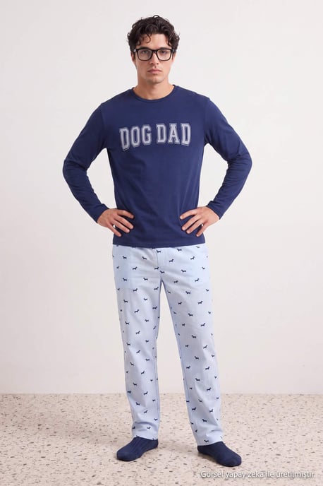 TRENDYOL MAN Herr Mörkblå Med slogan Lång, Regular fit Pyjamas- Set - Image 6