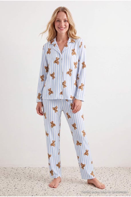 TRENDYOLMİLLA Dam 2-pack Blå Med grafiskt tryck Lång, Regular fit Pyjamas- Set - Image 2