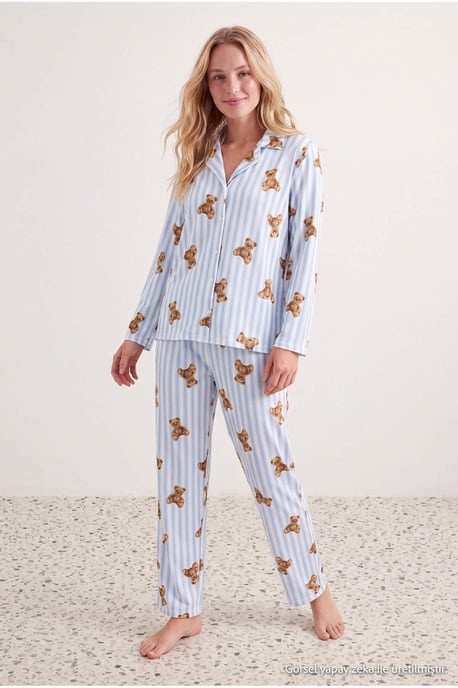 TRENDYOLMİLLA Dam 2-pack Blå Med grafiskt tryck Lång, Regular fit Pyjamas- Set - Image 6