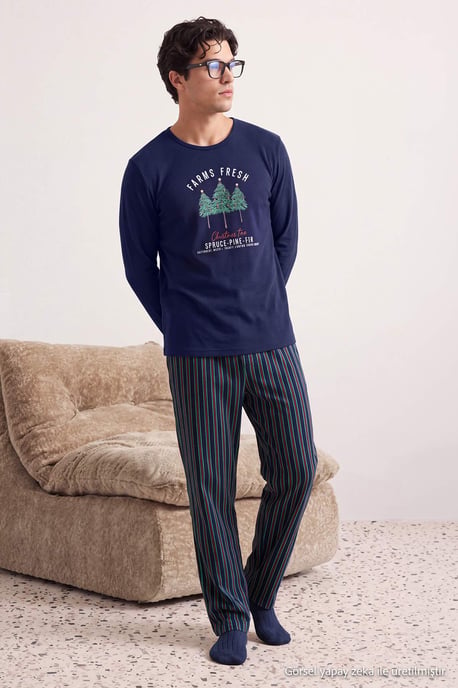 TRENDYOL MAN Men's Dark blue Christmas Long Regular fit Pajama Sets - Image 2