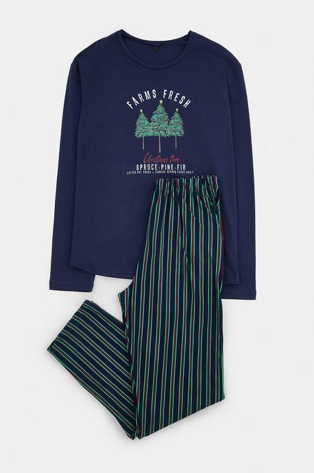 TRENDYOL MAN Men's Dark blue Christmas Long Regular fit Pajama Sets - Image 3