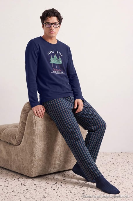 TRENDYOL MAN Men's Dark blue Christmas Long Regular fit Pajama Sets - Image 6