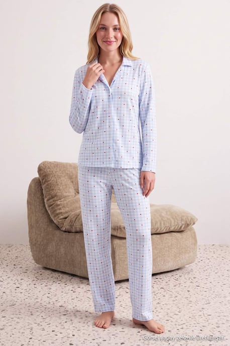 TRENDYOLMİLLA Dames 2-pack Blauw Met grafische print Lang, Regular fit Pyjama- Sets - Image 1