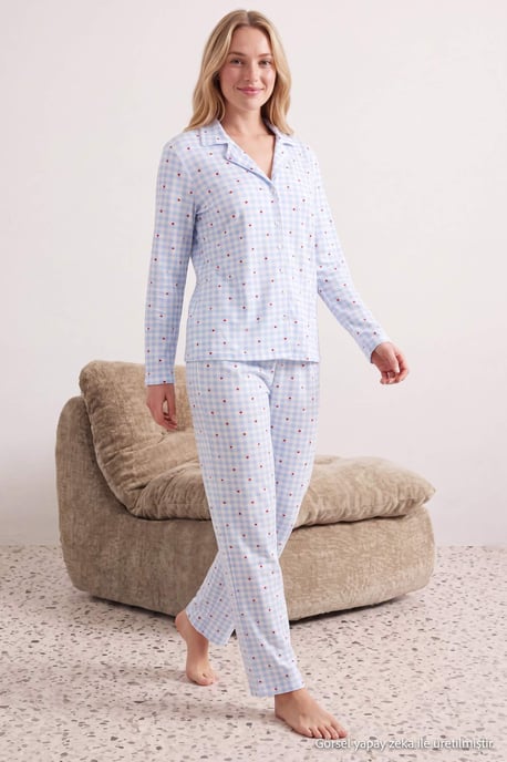 TRENDYOLMİLLA Dames 2-pack Blauw Met grafische print Lang, Regular fit Pyjama- Sets - Image 6