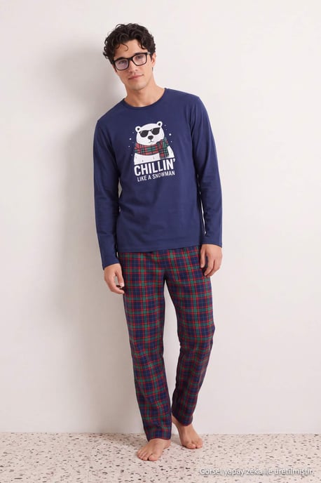 TRENDYOL MAN Men's Dark blue Plaid Long Regular fit Pajama Sets - Image 2