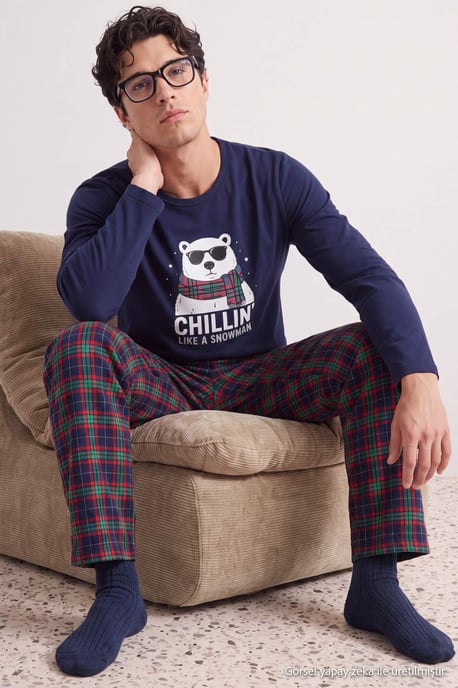 TRENDYOL MAN Men's Dark blue Plaid Long Regular fit Pajama Sets - Image 3