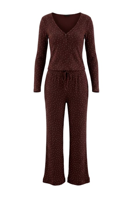 TRENDYOLMİLLA Dames 2-pack Bruin Gestippeld Lang Loungewear Regular fit Pyjama- Sets - Image 1