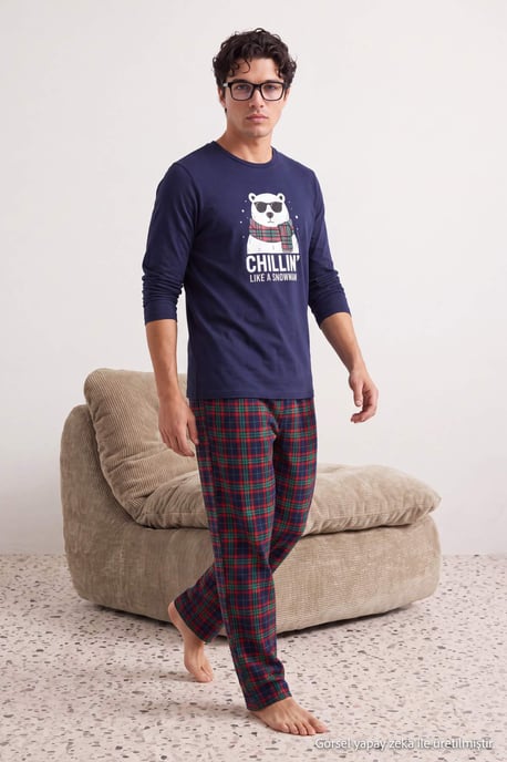 TRENDYOL MAN Men's Dark blue Plaid Long Regular fit Pajama Sets - Image 6