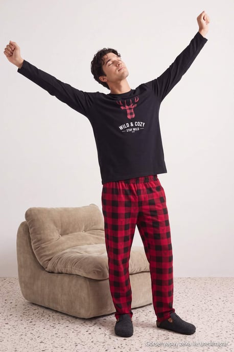 TRENDYOL MAN Men's Black Plaid Long Regular fit Pajama Sets - Image 2
