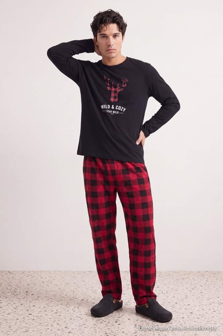TRENDYOL MAN Men's Black Plaid Long Regular fit Pajama Sets - Image 6