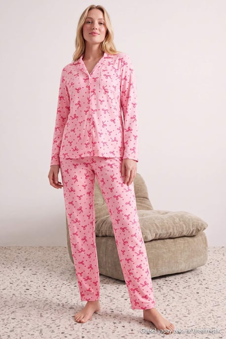 TRENDYOLMİLLA Dames 2-pack Roze Met grafische print Lang, Regular fit Pyjama- Sets - Image 6