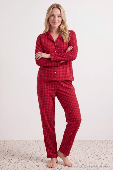 TRENDYOLMİLLA Dames 2-pack Rood Met grafische print Lang, Regular fit Pyjama- Sets - Image 6