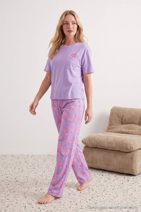 TRENDYOLMİLLA Dam 2-pack Lila Djurmönster Kort Loungewear Regular fit Pyjamas- Set - Image 1