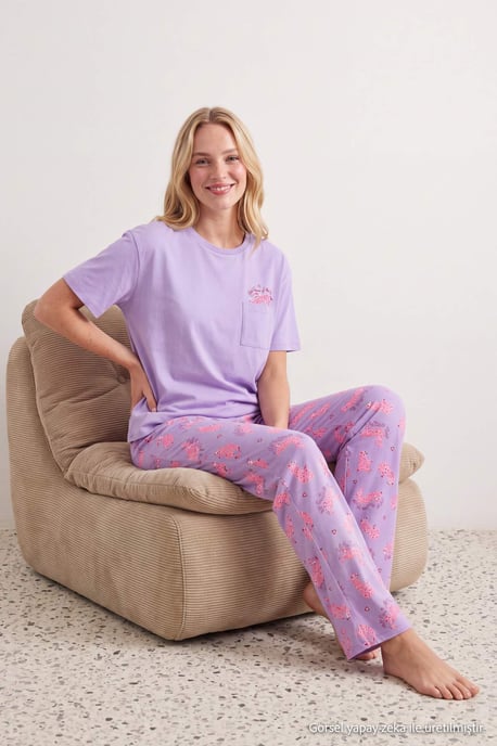 TRENDYOLMİLLA Dam 2-pack Lila Djurmönster Kort Loungewear Regular fit Pyjamas- Set - Image 2