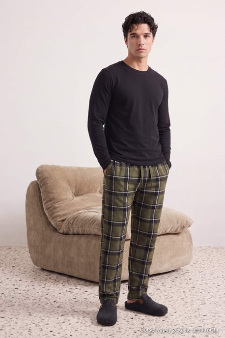 TRENDYOL MAN Men's Black Plaid Long Regular fit Pajama Sets - Image 2