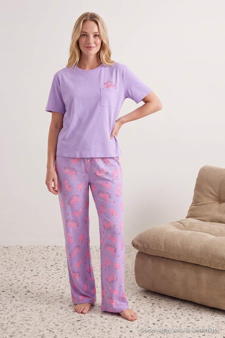 TRENDYOLMİLLA Dam 2-pack Lila Djurmönster Kort Loungewear Regular fit Pyjamas- Set - Image 6