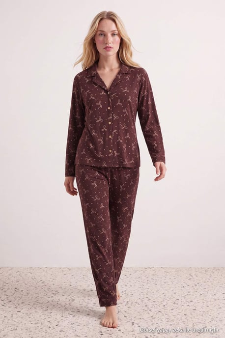 TRENDYOLMİLLA Dames 2-pack Bruin Met grafische print Lang, Regular fit Pyjama- Sets - Image 6