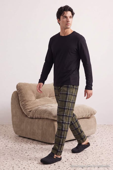 TRENDYOL MAN Men's Black Plaid Long Regular fit Pajama Sets - Image 6