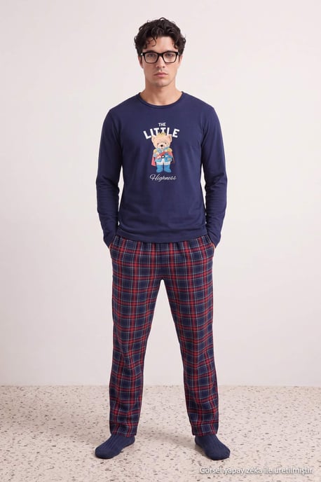 TRENDYOL MAN Men's Dark blue Plaid Long Regular fit Pajama Sets - Image 2
