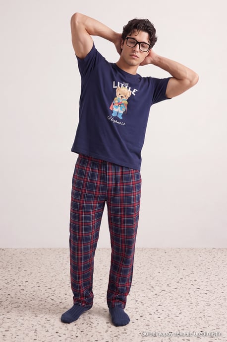TRENDYOL MAN Men's Dark blue Plaid Long Regular fit Pajama Sets - Image 6