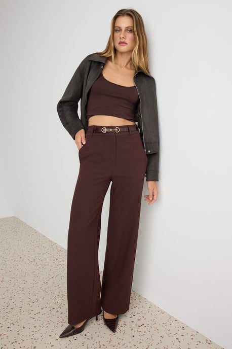 TRENDYOLMİLLA Women's Brown Plain Wide Leg Normal waist Trousers - Image 4