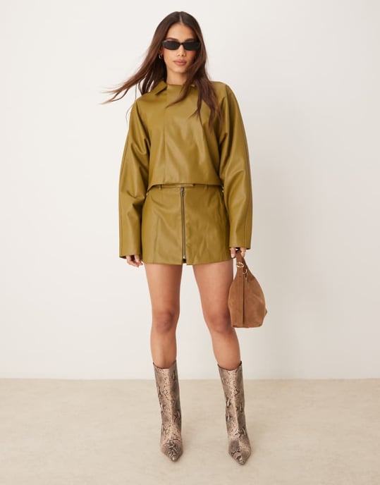 ASOS DESIGN faux leather zip through tailored micro skirt co-ord in olive - Image 1