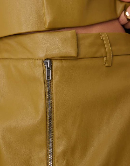 ASOS DESIGN faux leather zip through tailored micro skirt co-ord in olive - Image 4