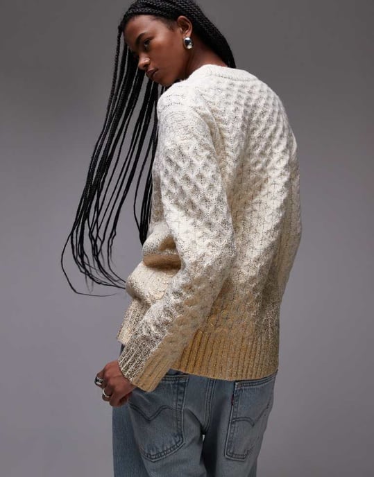 Topshop knitted metallic cable relaxed jumper in gold - Image 4