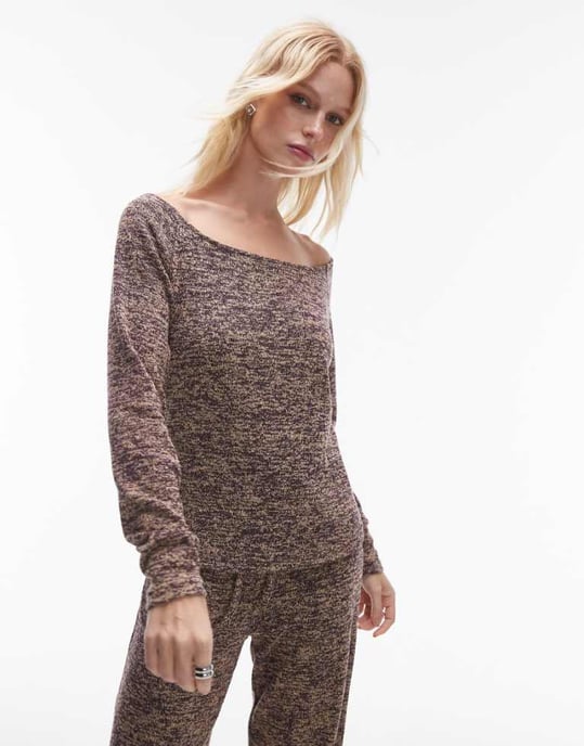 Resume boat neck long sleeve space dye lightweight jumper in brown melange co-ord - Image 1