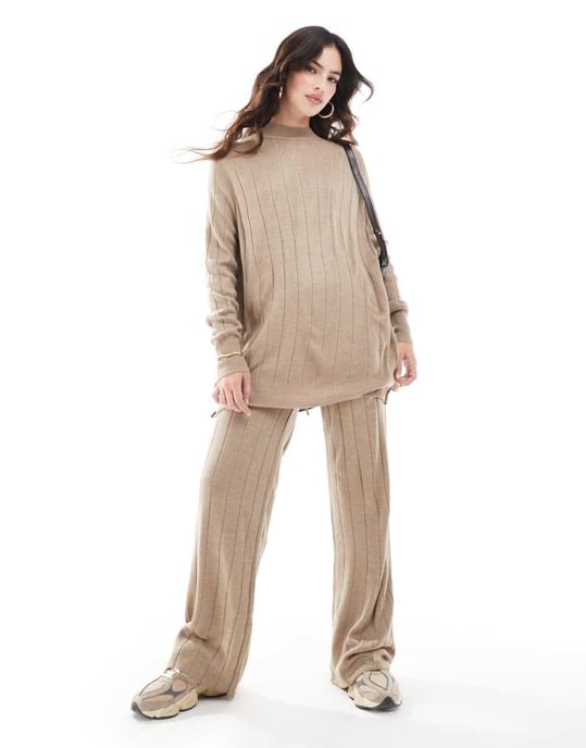 ONLY high neck knitted lightweight knitted jumper co-ord in sand - Image 2